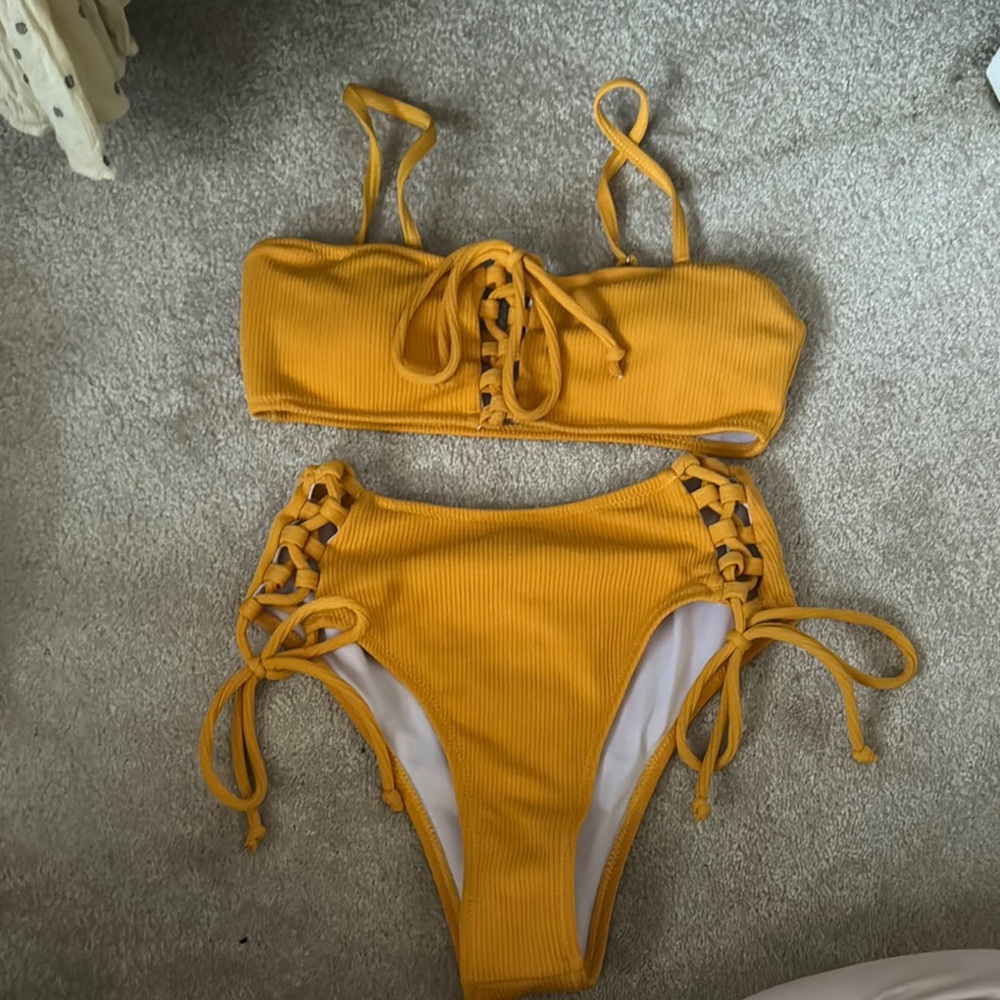 Yellow Lace-Up Bikini Set